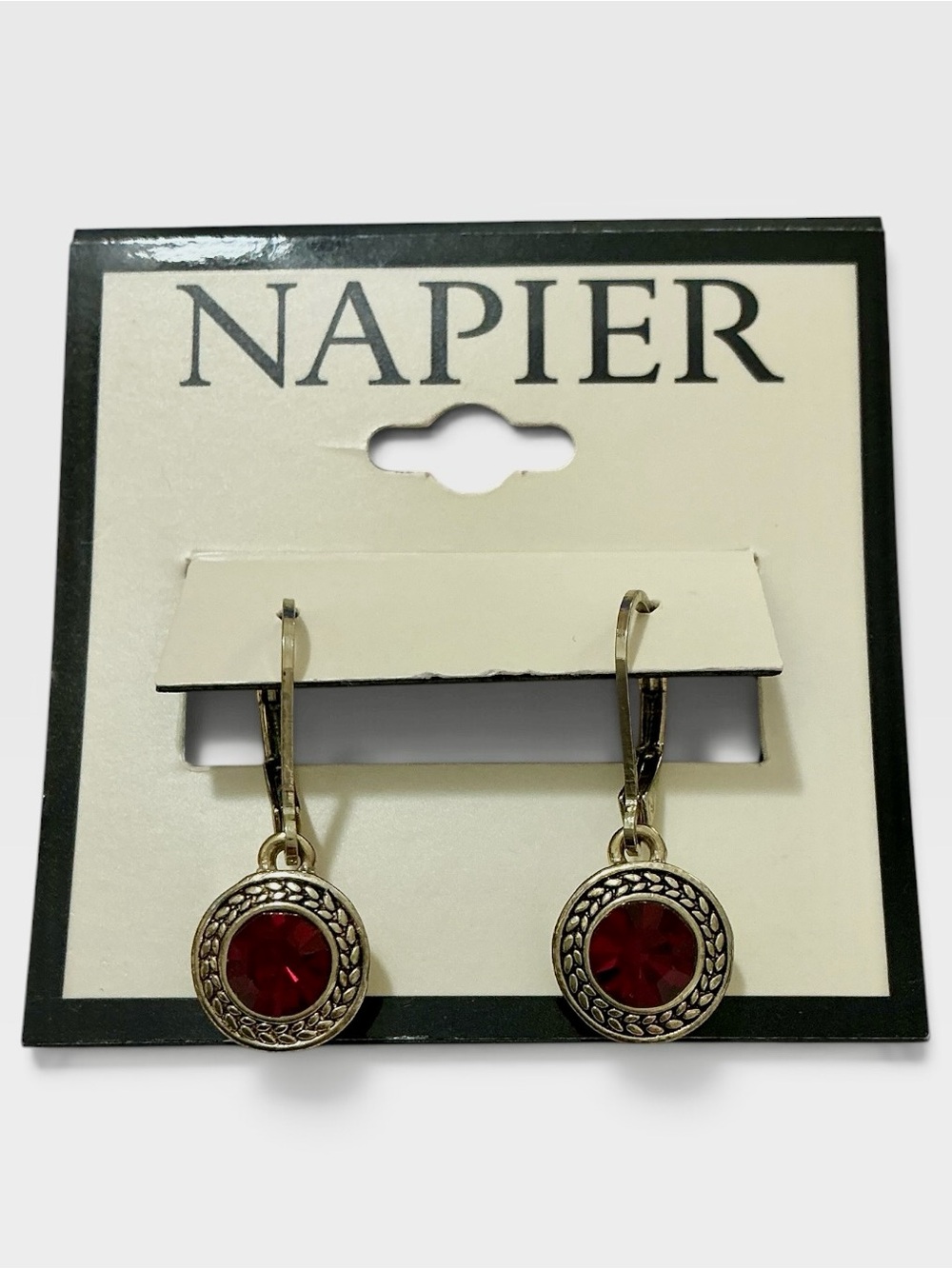 Napier Gold Tone Red Simulated Crystal Drop Leverback Earrings